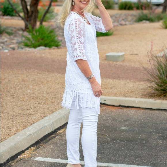 🩵Chicos 2 White Lace Top Fringe Kimono Crochet Boho Festival Cottagecore Large - Picture 13 of 13